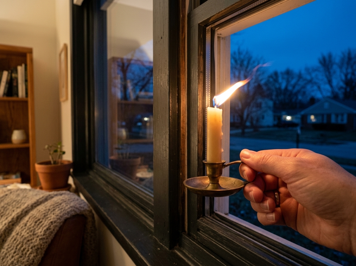 Testing for window drafts with a candle - double glazing draft seal Testing for window drafts with a candle - double glazing draft seal