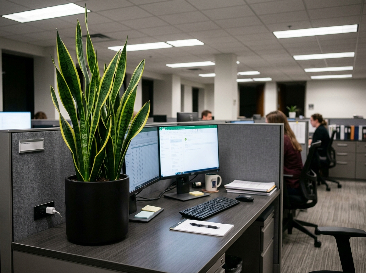 Snake Plant in a modern office planter - best cubicle plants Snake Plant in a modern office planter - best cubicle plants