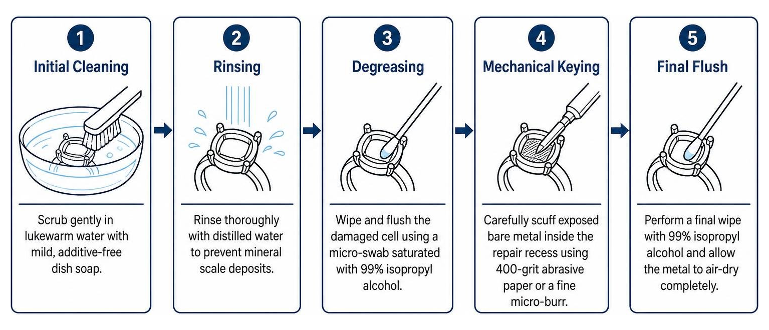 Step-by-step surface cleaning and degreasing sequence for enamel repair