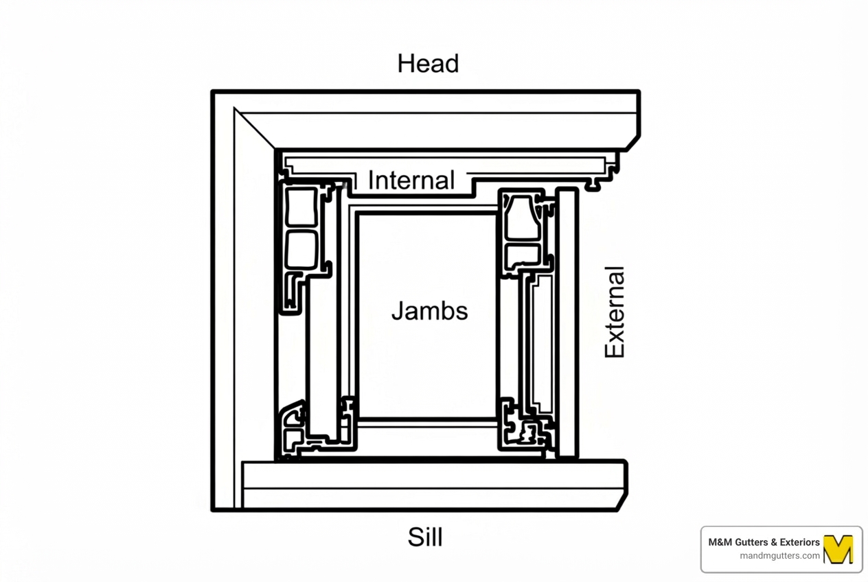 diagram labeling the parts of a window frame: Head, Jambs, Sill, Interior/Exterior Stops - how to measure house windows for replacement diagram labeling the parts of a window frame: Head, Jambs, Sill, Interior/Exterior Stops - how to measure house windows for replacement