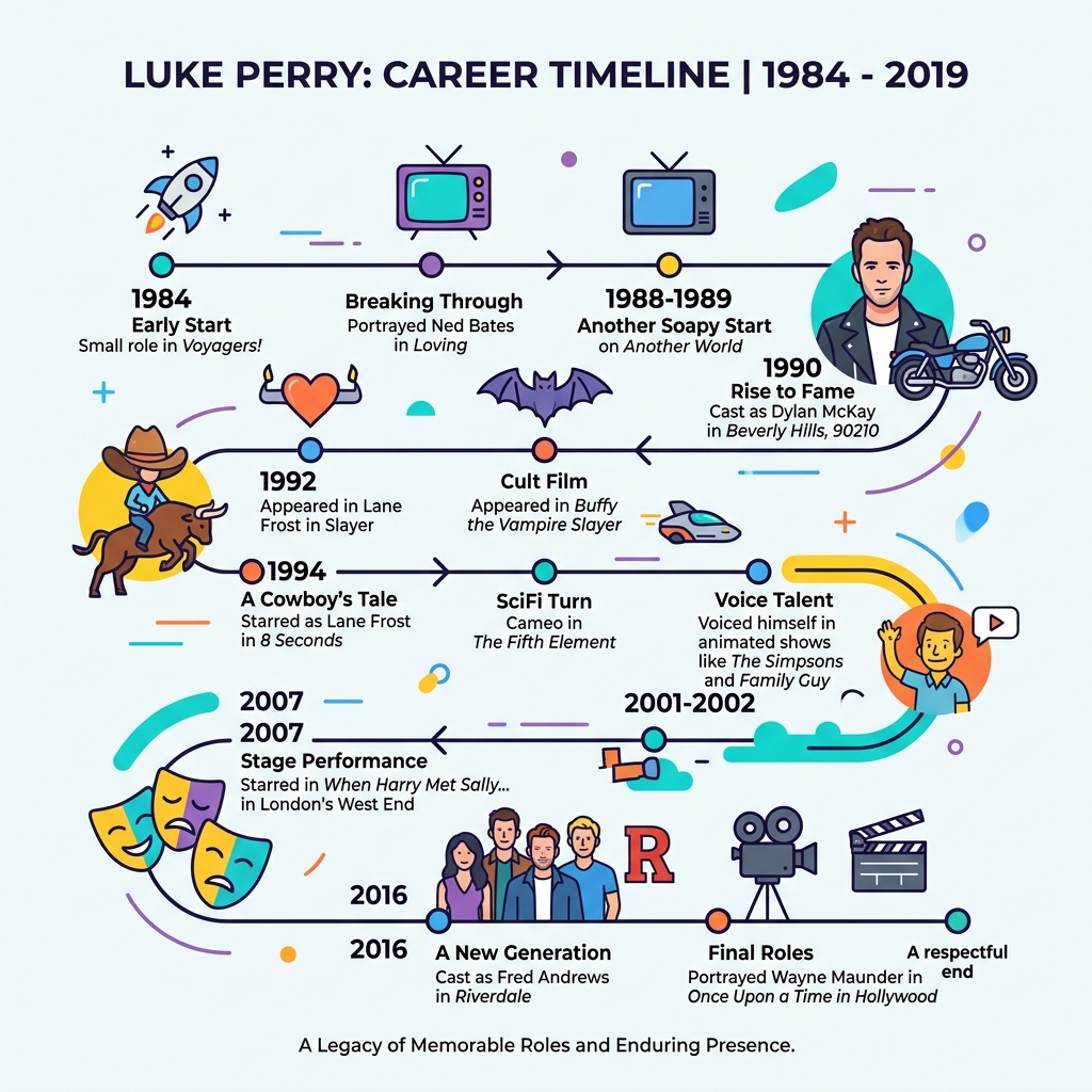 Luke Perry career timeline infographic from 1984 to 2019 - luke perry infographic 