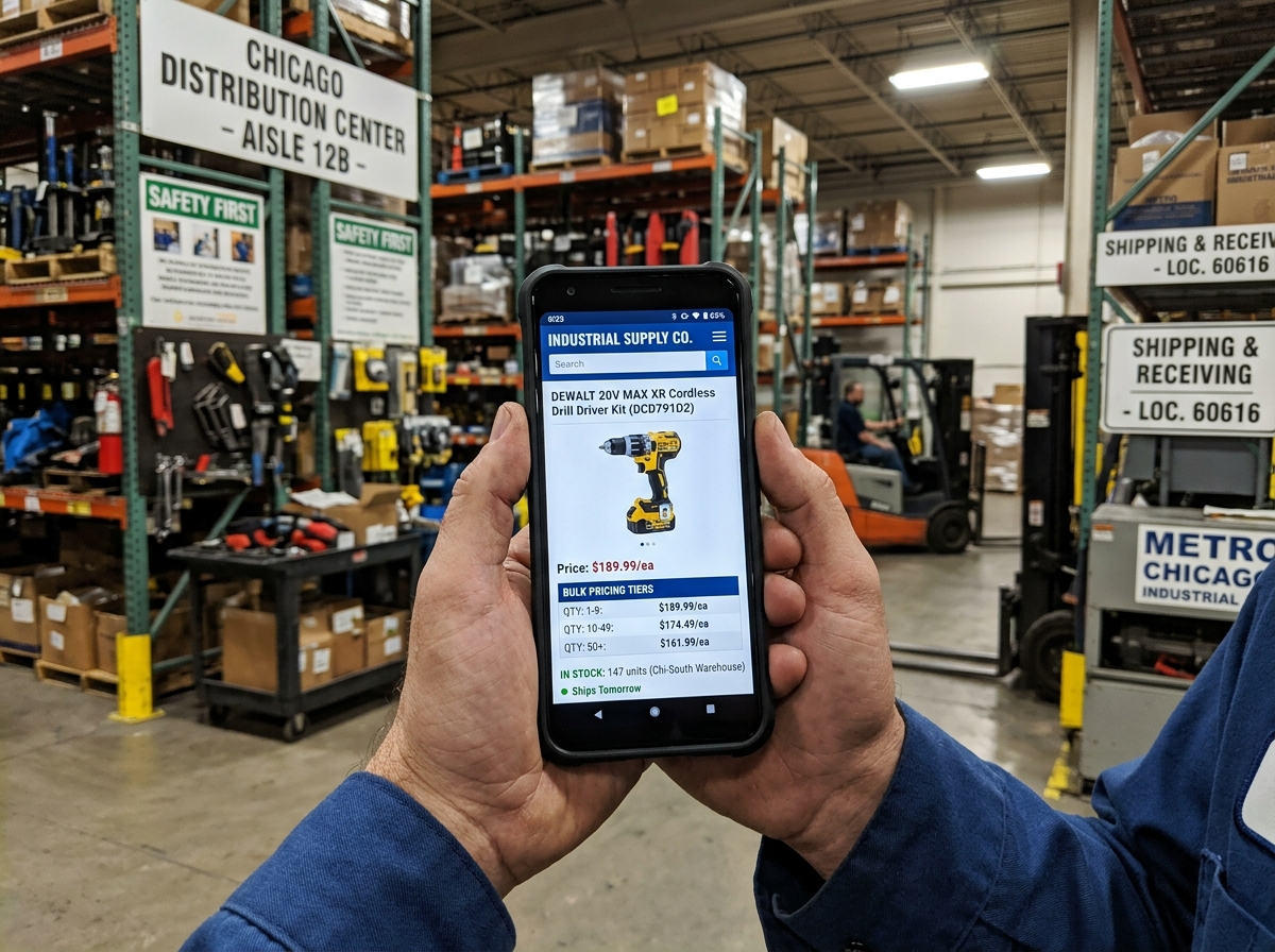 Mobile-responsive B2B product catalog showing bulk pricing and inventory status - B2B e-commerce development Mobile-responsive B2B product catalog showing bulk pricing and inventory status - B2B e-commerce development