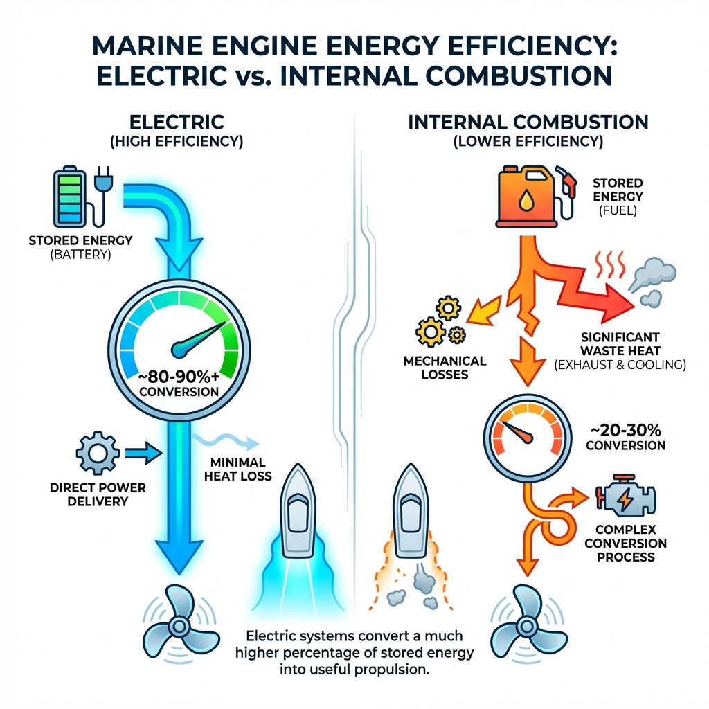 energy efficiency of electric vs. internal combustion marine engines - electric boats 2022 infographic 