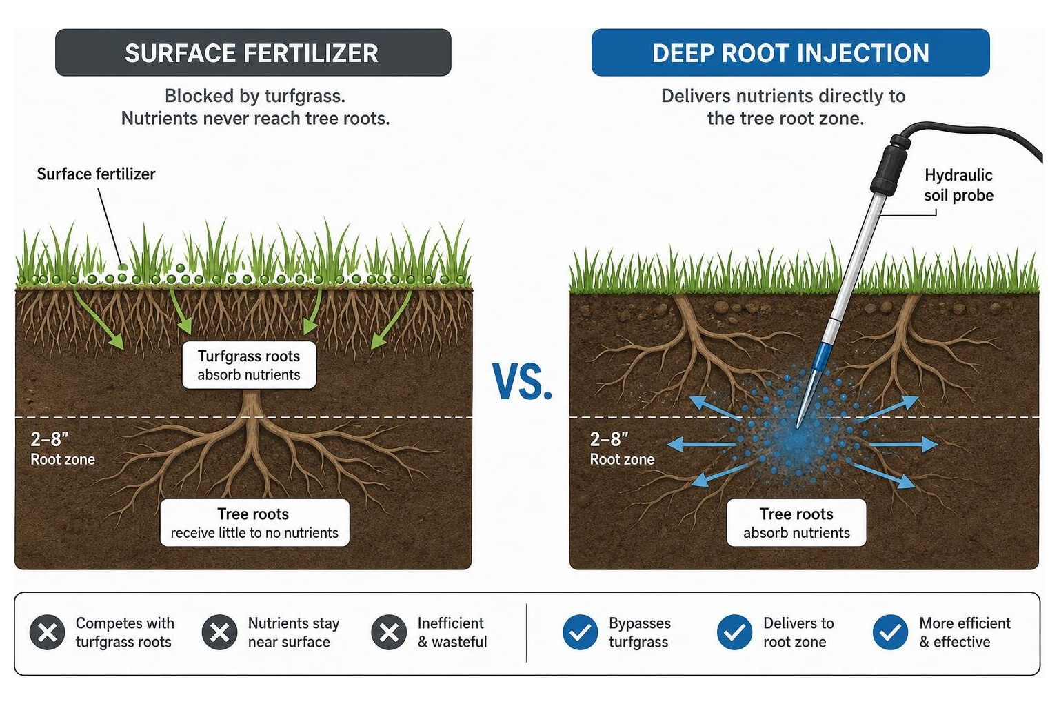 Diagram showing how surface fertilizer is blocked by turfgrass while deep root injection delivers nutrients directly to the Diagram showing how surface fertilizer is blocked by turfgrass while deep root injection delivers nutrients directly to the