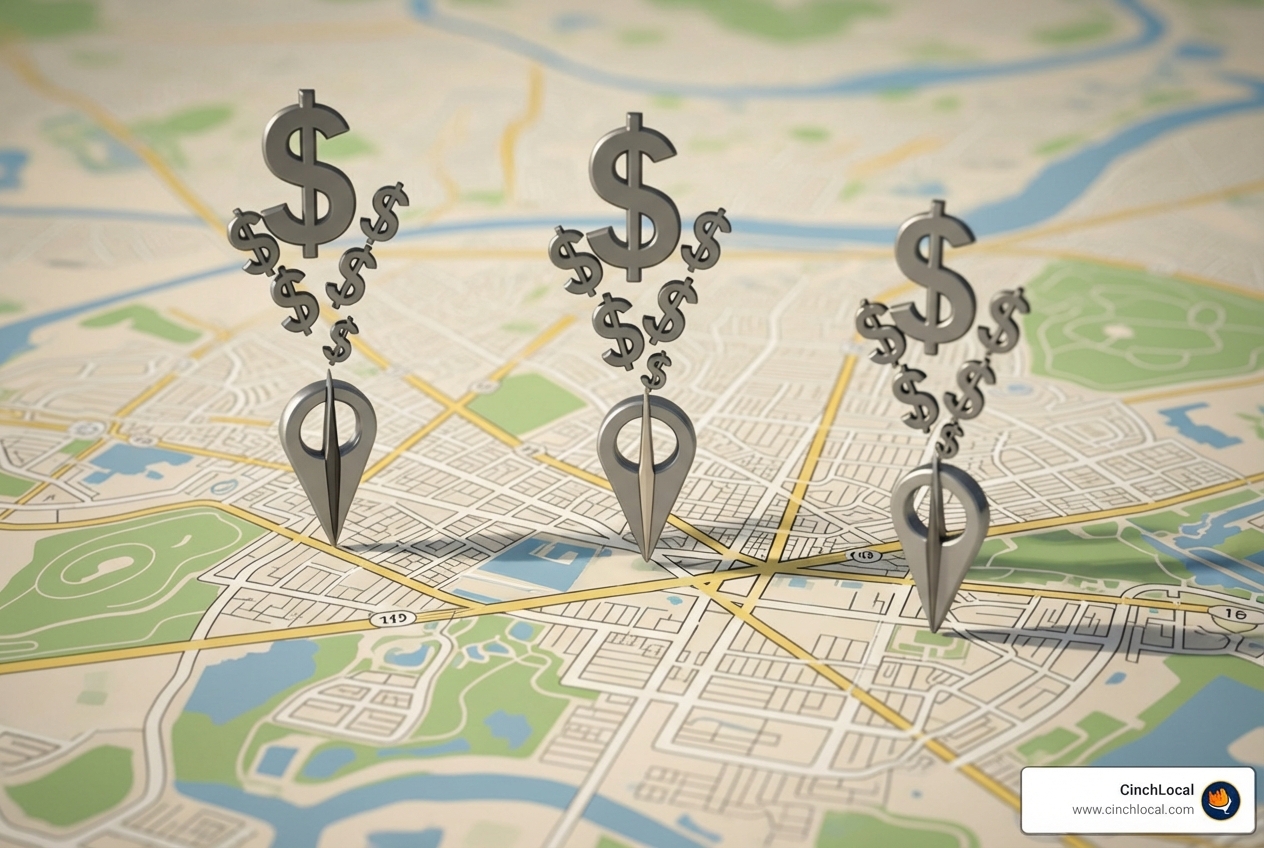 Map with three pins representing the 3-Pack, with dollar signs popping out - google maps 3 pack