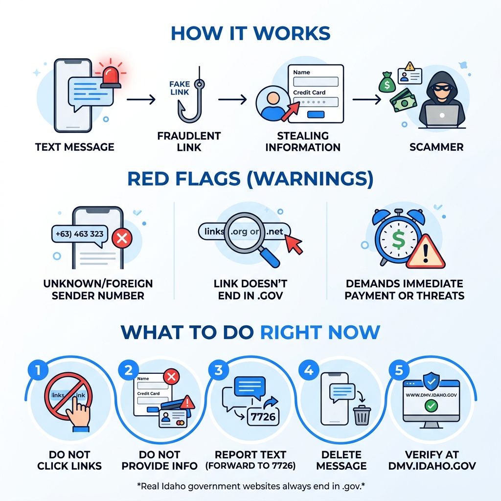 Infographic showing how Idaho DMV text scams work, red flags, and what to do - idaho dmv text scam infographic Infographic showing how Idaho DMV text scams work, red flags, and what to do - idaho dmv text scam infographic