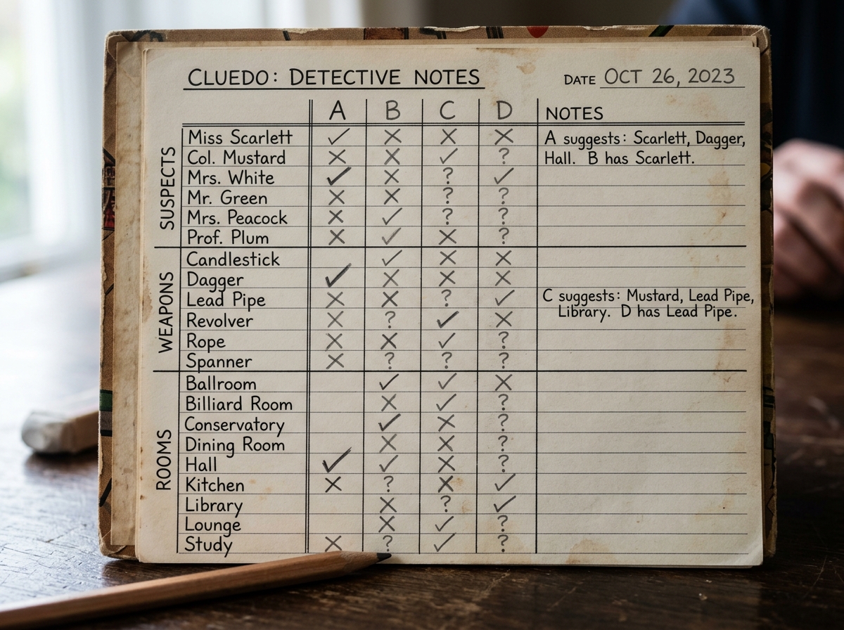 Detailed detective scoresheet matrix showing player columns and card rows - cluedo strategy guide Detailed detective scoresheet matrix showing player columns and card rows - cluedo strategy guide