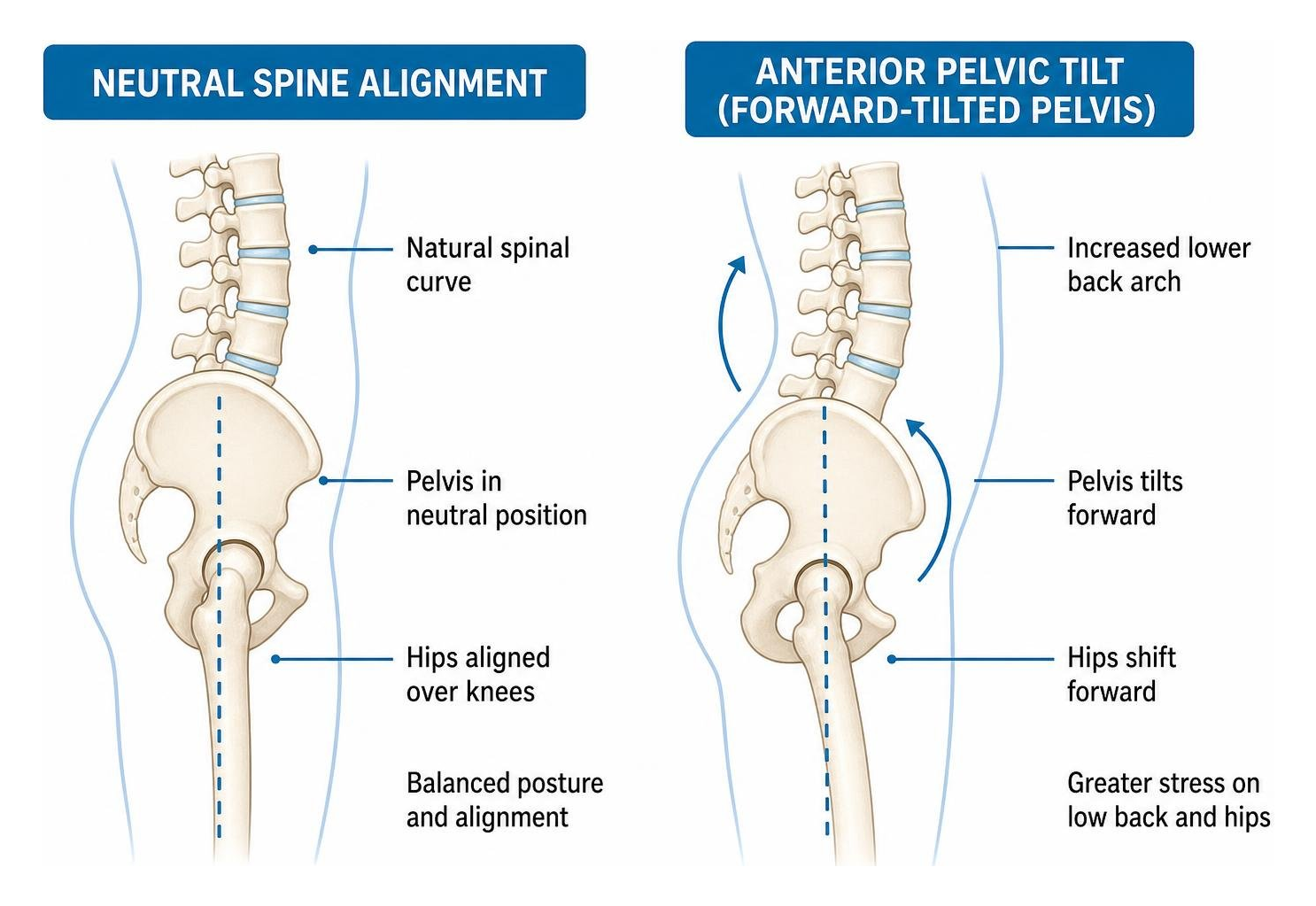 Diagram comparing neutral spine alignment with a forward tilted pelvis Diagram comparing neutral spine alignment with a forward tilted pelvis