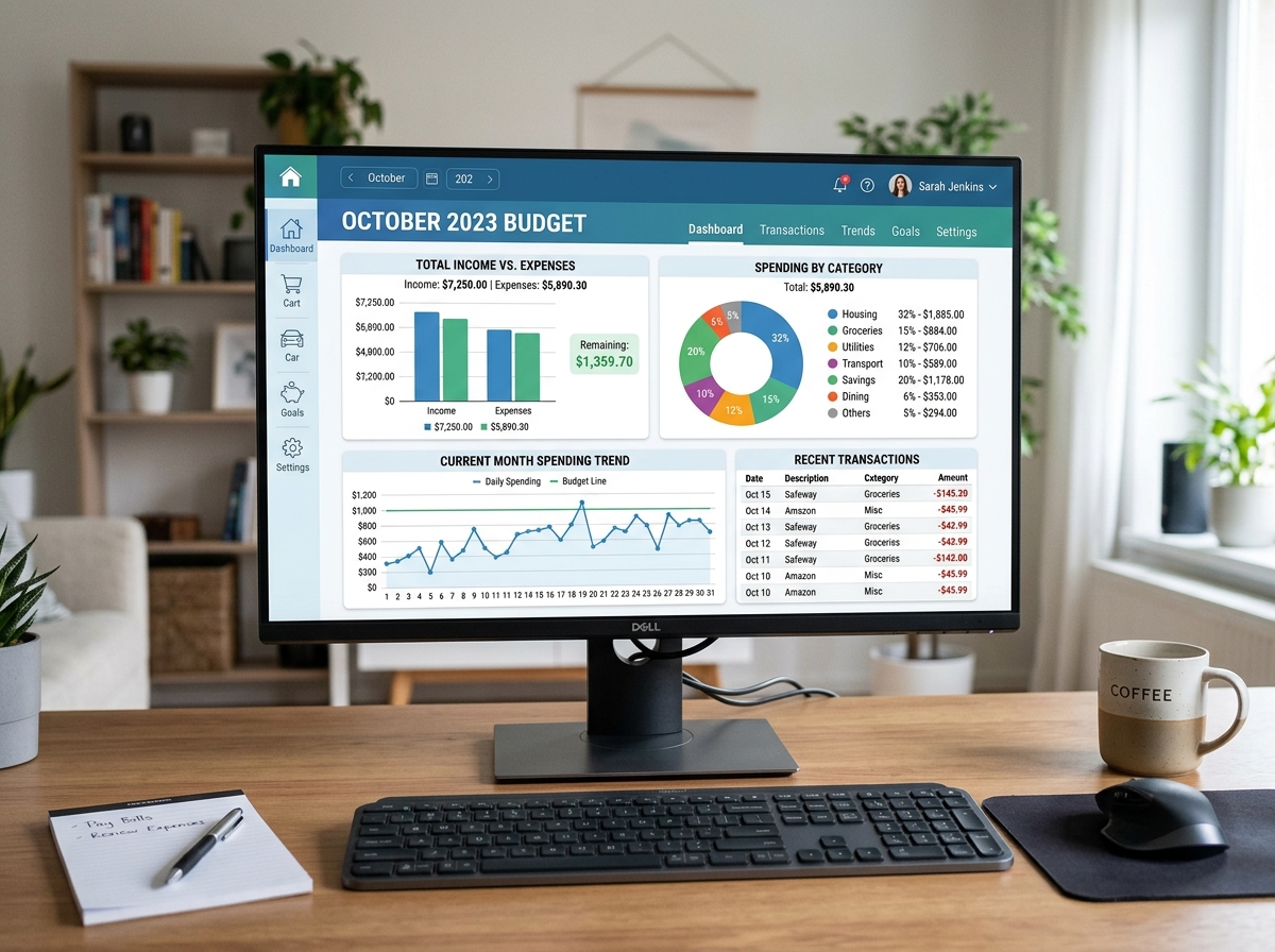 A sleek monthly budget dashboard with interactive charts and spending breakdowns - monthly budget calculator google sheets