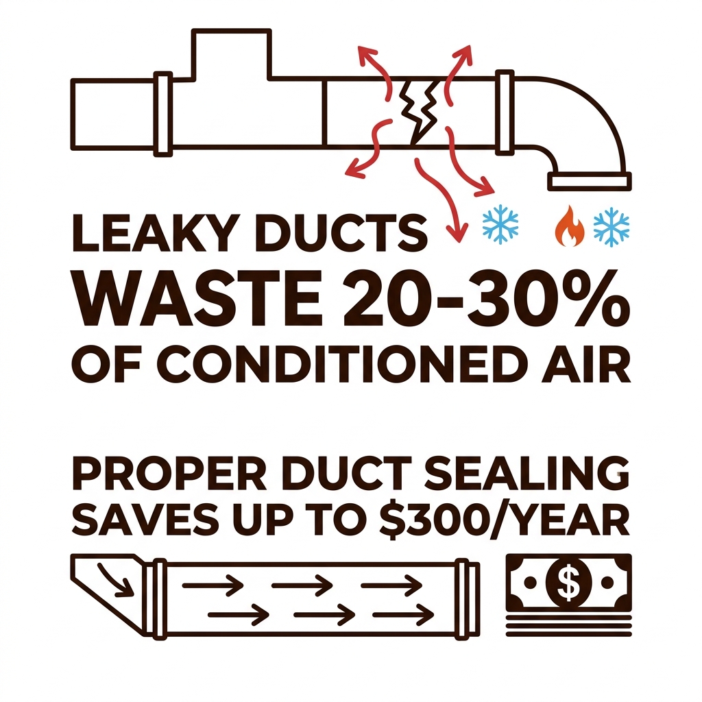 Infographic showing that leaky ducts waste 20-30% of conditioned air and proper sealing saves up to $300/year - ductwork