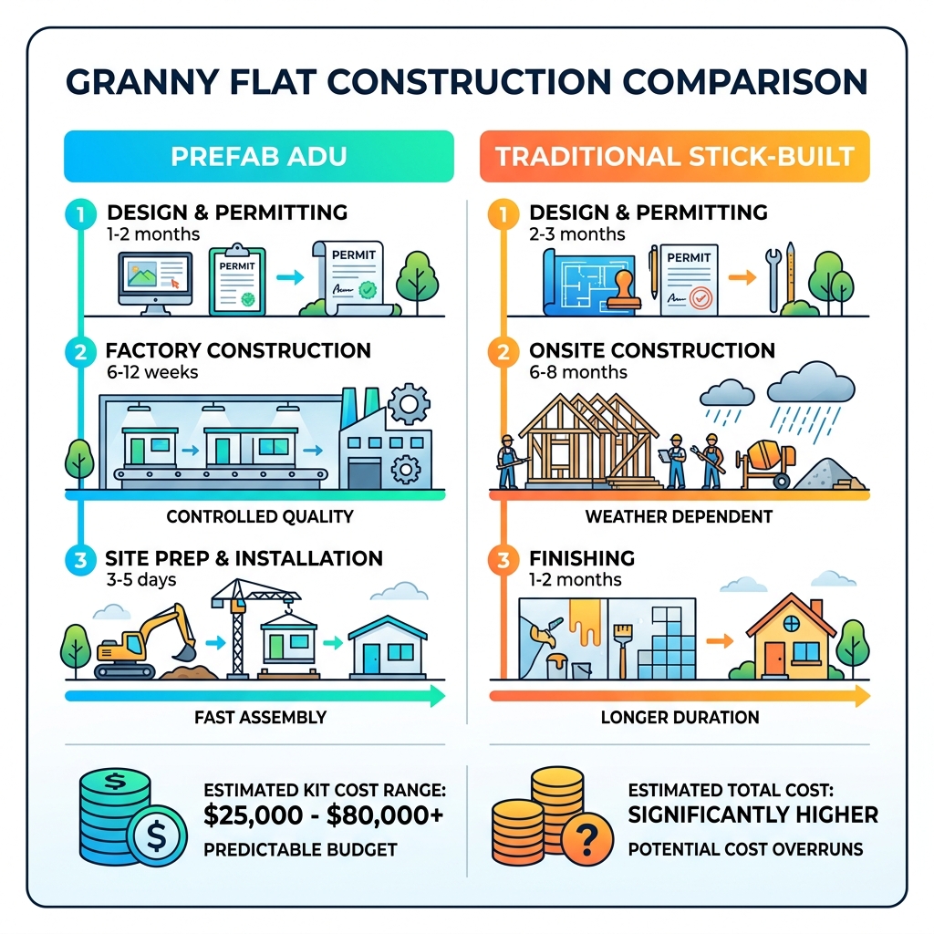 Side-by-side infographic comparing prefab vs. traditional stick-built granny flat construction timelines and costs - granny