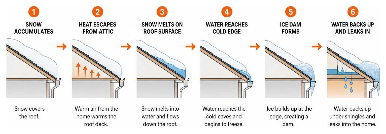 Diagram: The step-by-step process of ice dam formation on a residential roof