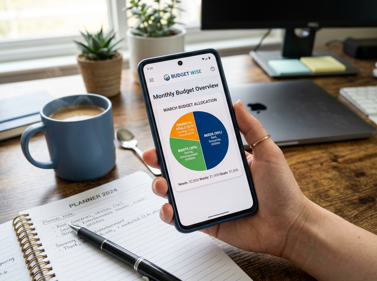 digital budget planner showing 50/30/20 split - how to make money investing small amounts