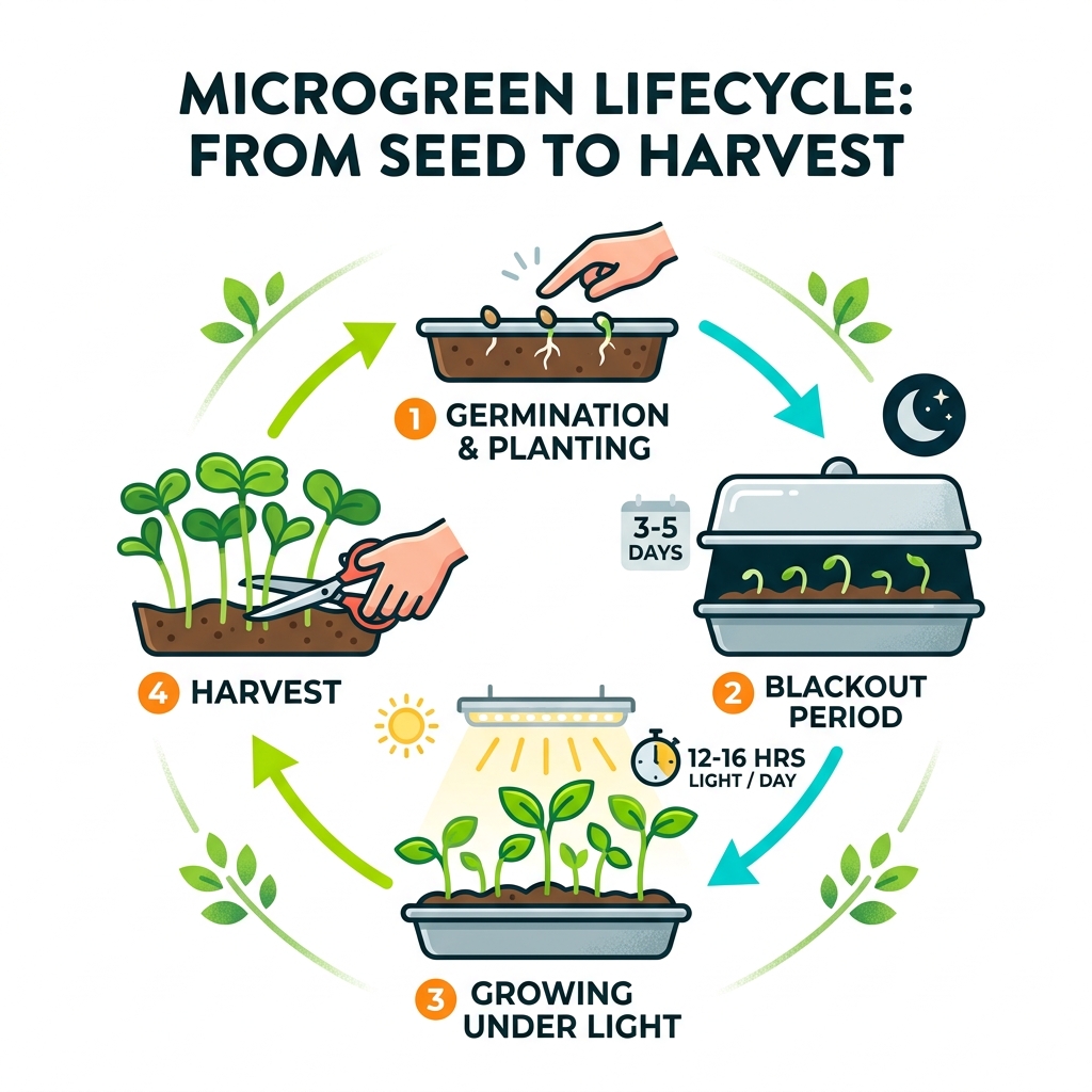 Seed-to-harvest microgreen lifecycle infographic showing germination, blackout, light, and harvest stages - how to grow