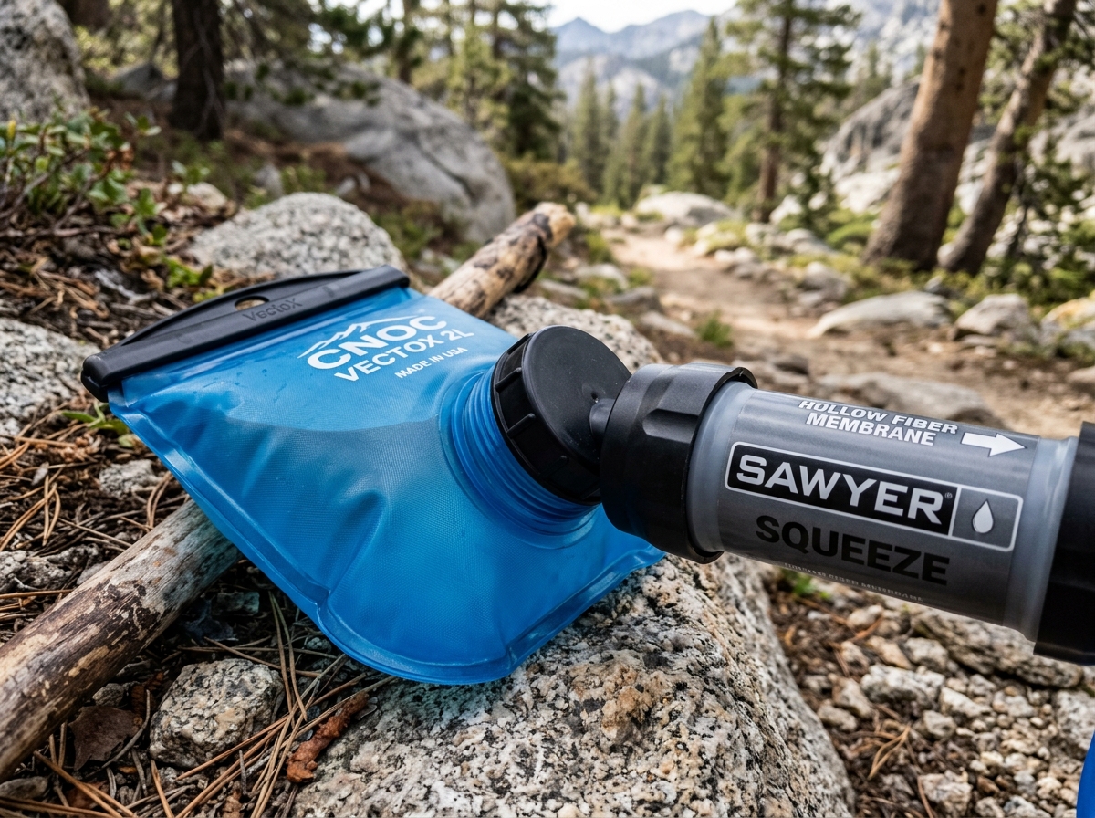 Close up of a Sawyer Squeeze filter attached to a Cnoc VectoX bladder - ultralight water purifier Close up of a Sawyer Squeeze filter attached to a Cnoc VectoX bladder - ultralight water purifier