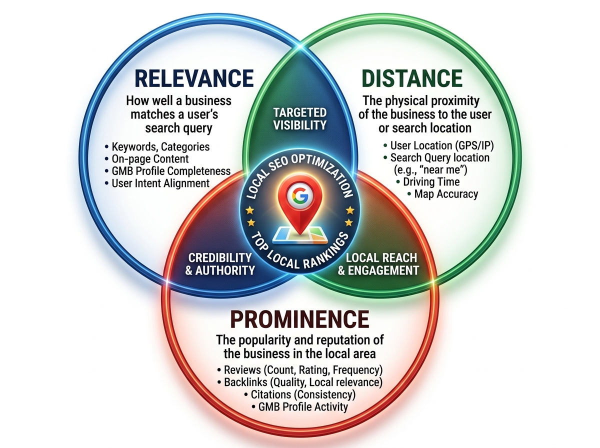 Intersection of Relevance, Distance, and Prominence in local SEO - improve local search presence Venn diagram illustrating local SEO optimization with sections labeled "Relevance," "Distance," and "Prominence," detailing factors affecting local rankings, including keywords, user location, and business credibility.