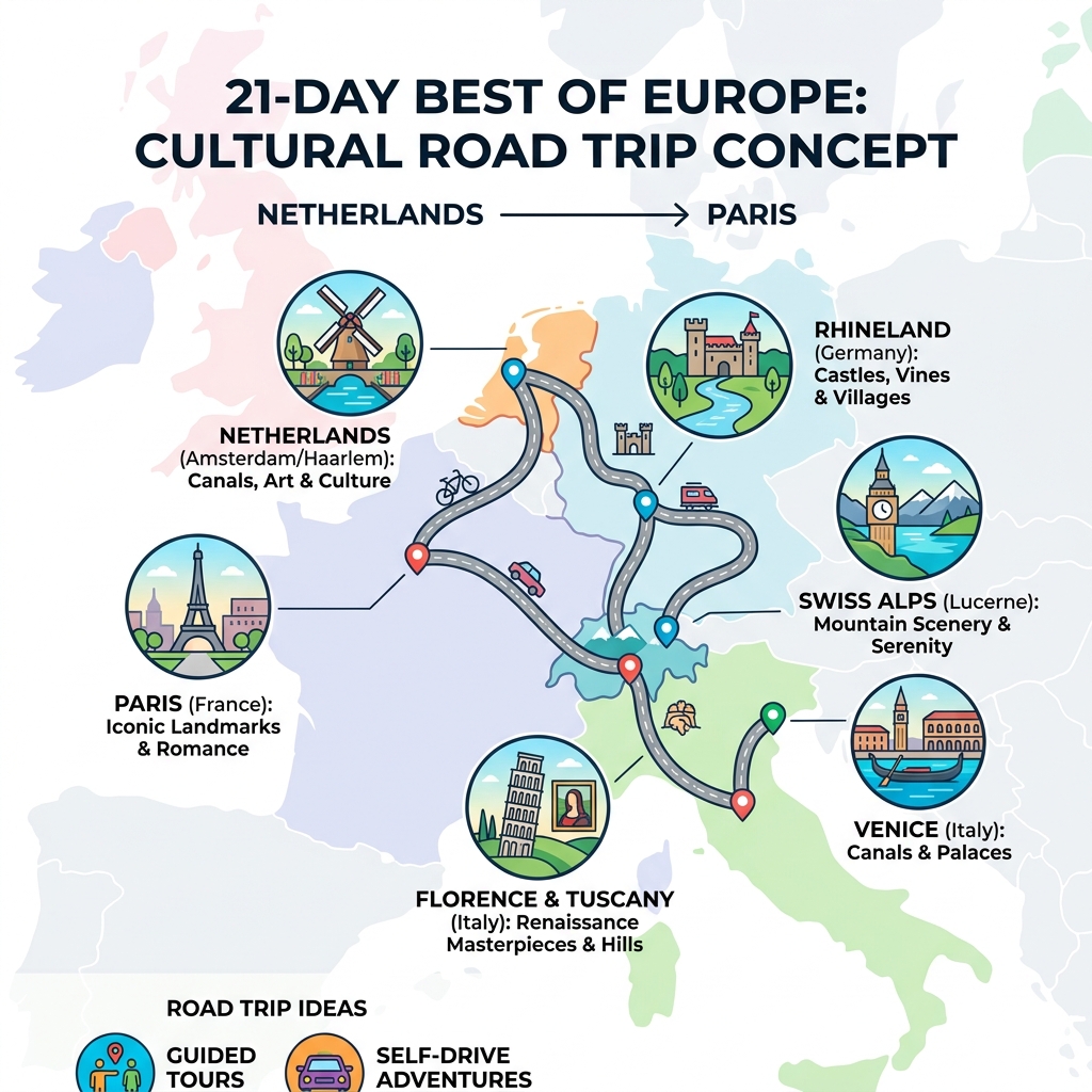 Conceptual 21-day Best of Europe route map showing key stops from Netherlands to Paris - european cultural road trips