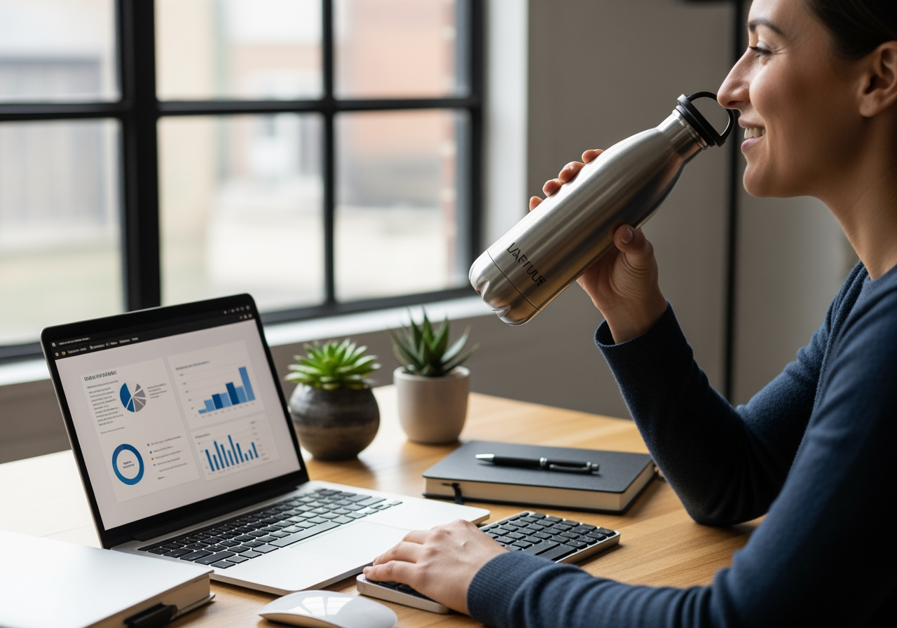 A person happily using a high-quality branded water bottle at their desk. - New employee gifts