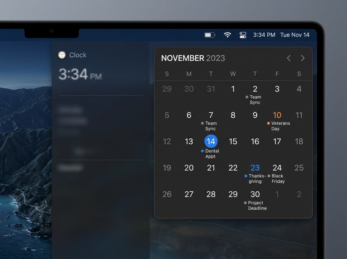 a calendar widget in macOS Notification Center showing a clean monthly view - free lightweight calendar mac