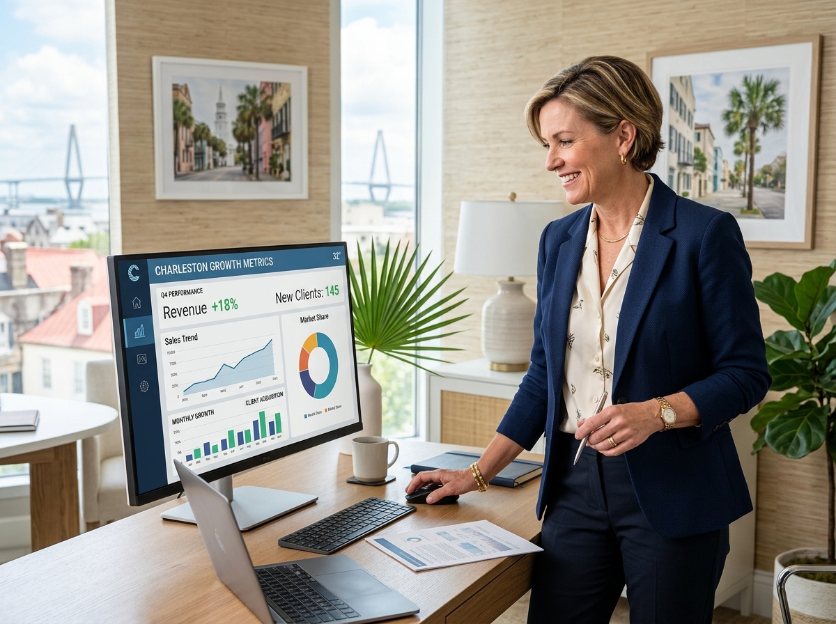 Successful Charleston business owner reviewing growth metrics - CRM reporting tools