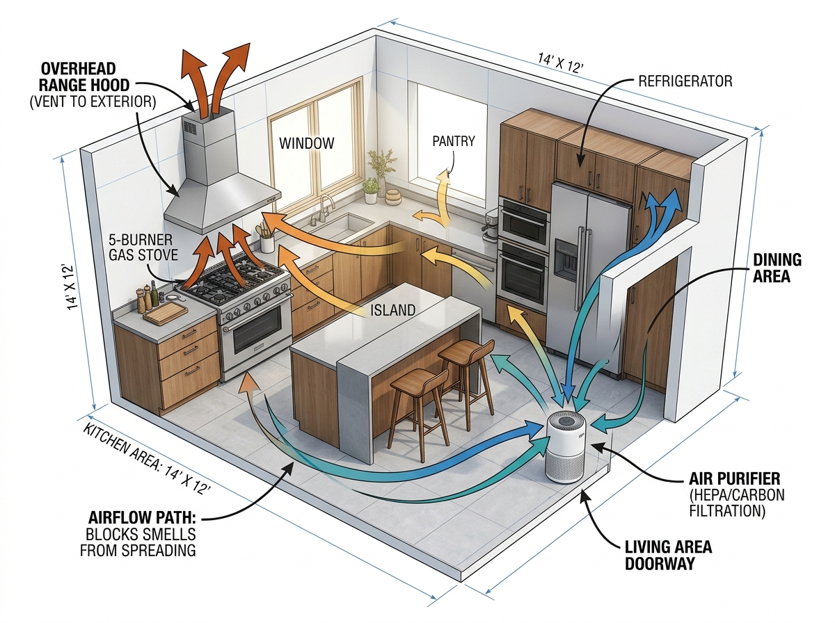 diagram of a kitchen showing an air purifier placed between the stove and the living area doorway - air purifier for kitchen diagram of a kitchen showing an air purifier placed between the stove and the living area doorway - air purifier for kitchen