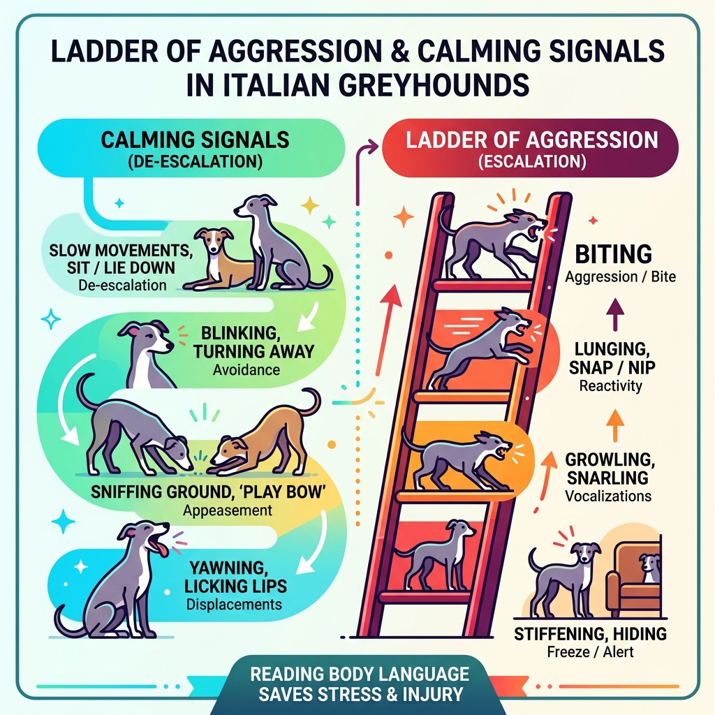 Ladder of dog aggression and calming signals in Italian Greyhounds infographic - aggression in italian greyhounds training Ladder of dog aggression and calming signals in Italian Greyhounds infographic - aggression in italian greyhounds training