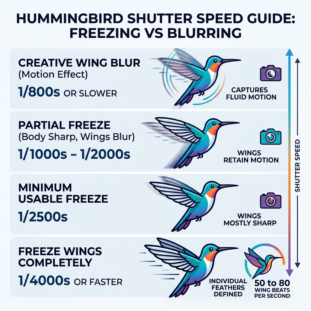 Infographic showing hummingbird shutter speed vs wing position and resulting blur or freeze - hummingbird shutter speed