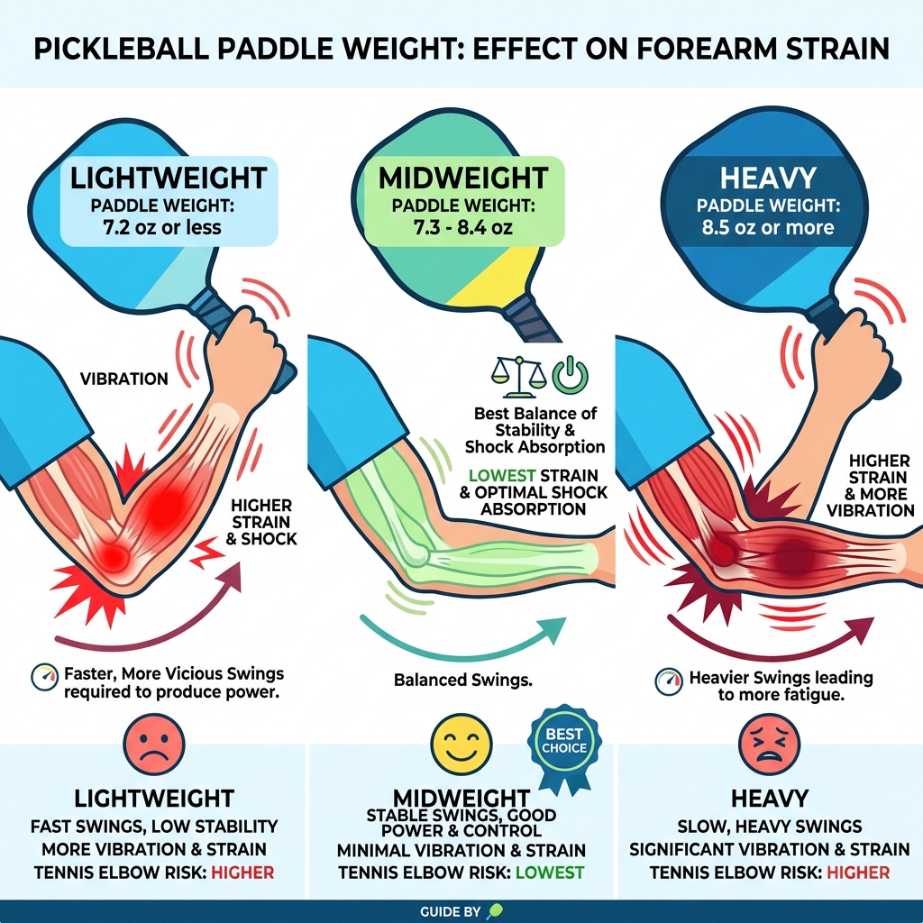 infographic showing how paddle weight categories affect forearm strain and vibration in pickleball - best pickleball paddle infographic showing how paddle weight categories affect forearm strain and vibration in pickleball - best pickleball paddle