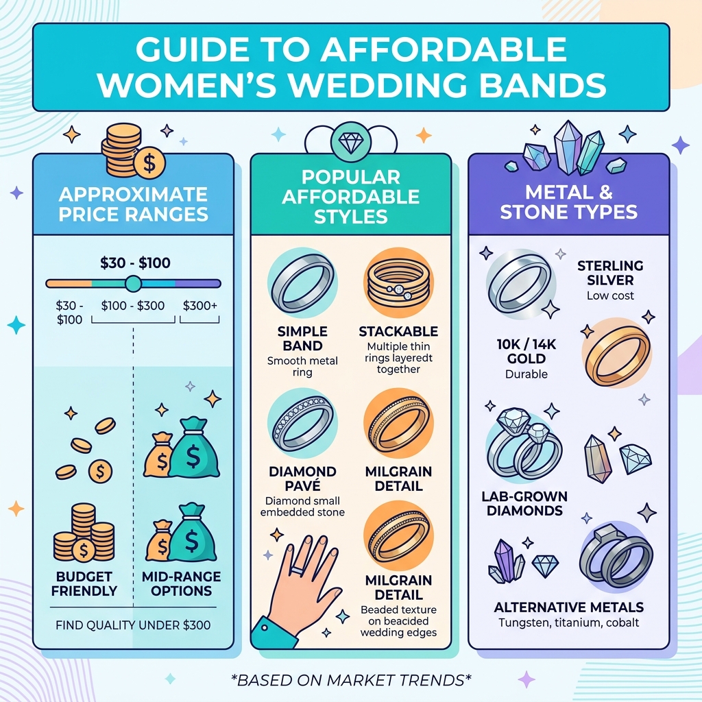 Infographic showing price ranges, popular styles, and metal types for affordable women's wedding bands - inexpensive wedding