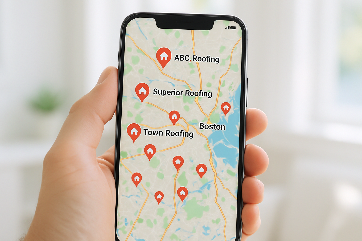 smartphone displaying map with roofing contractor locations - roofing repair contractors near me