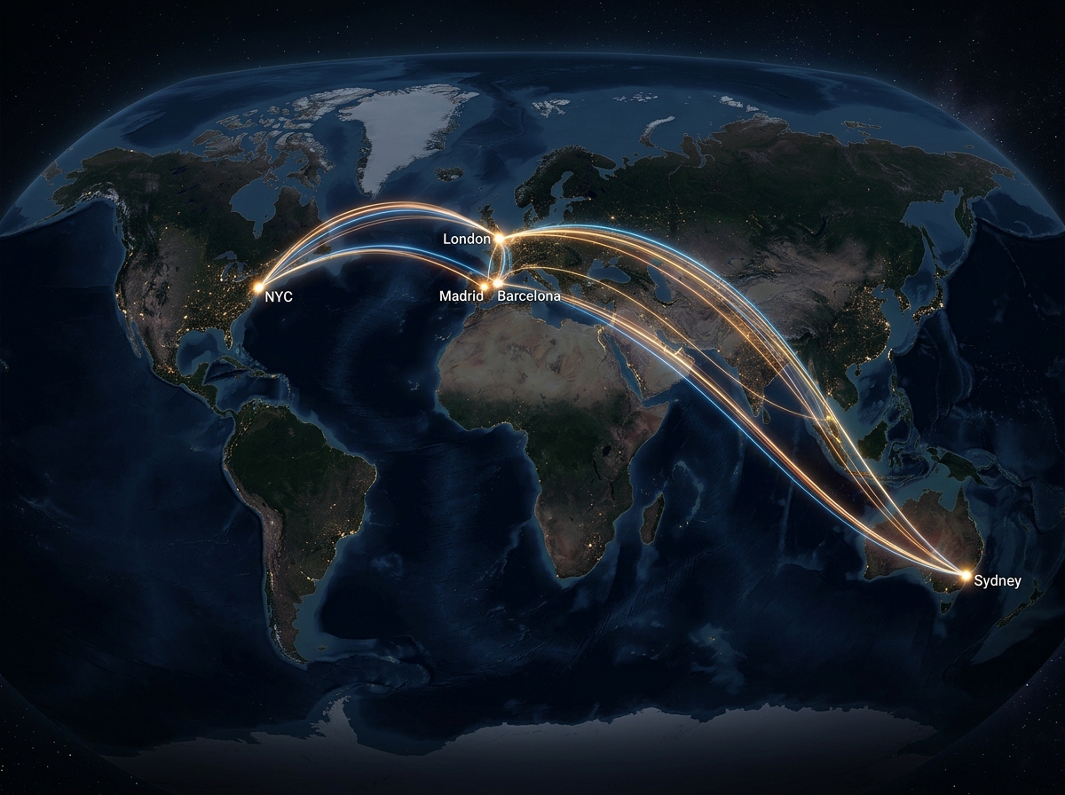 Global map connecting different cities with lines representing therapy connections - international therapy
