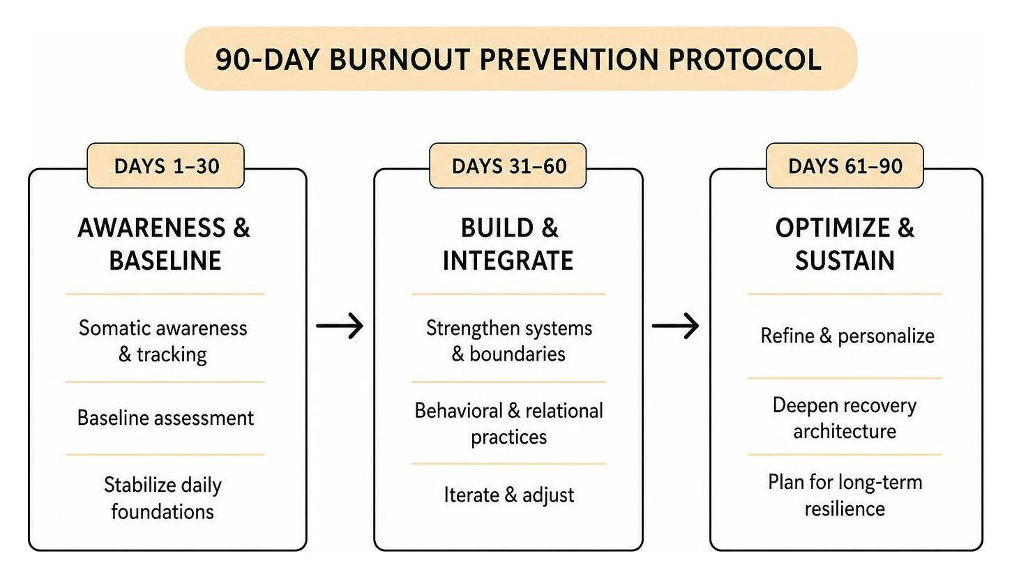 A minimalistic, face-free diagram in muted yellow showing the 90-day sequential protocol for burnout prevention