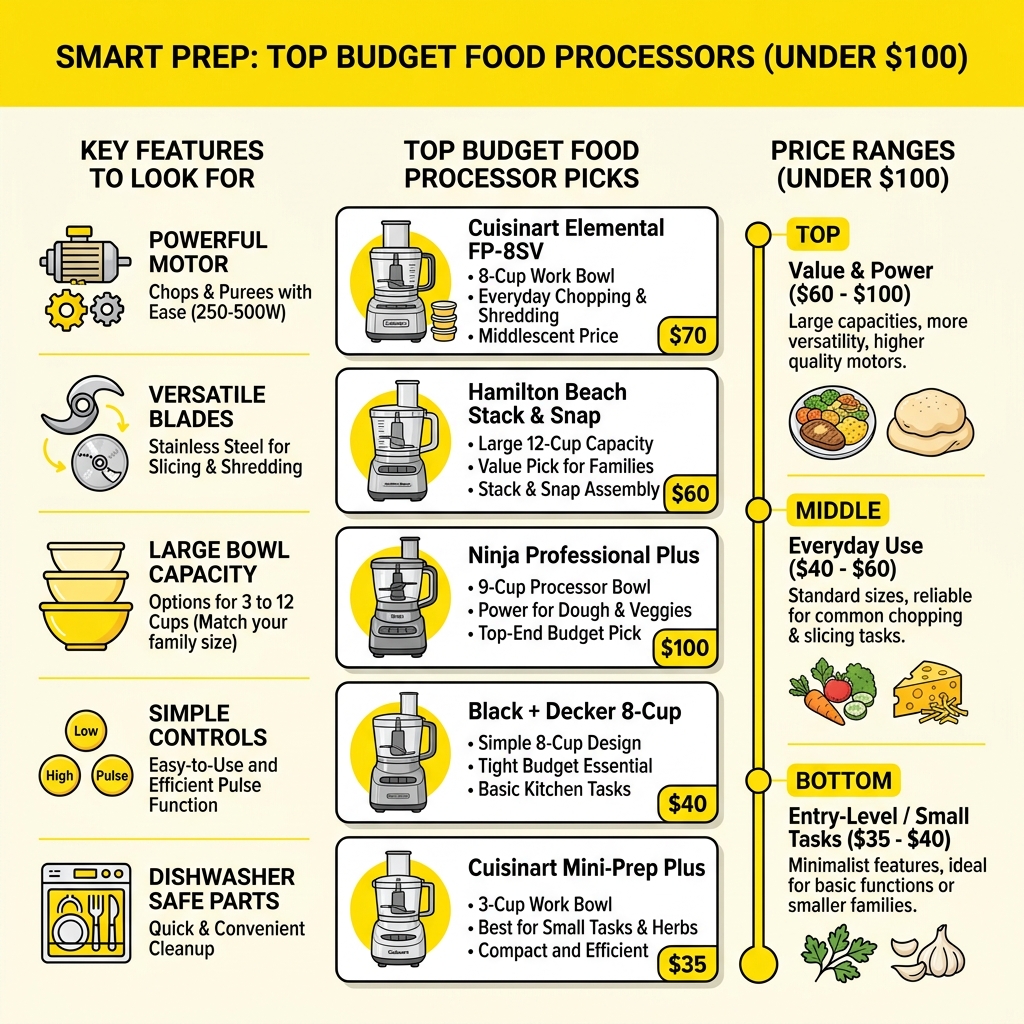 Infographic showing top budget food processor picks, key features to look for, and price ranges under $100 - best budget