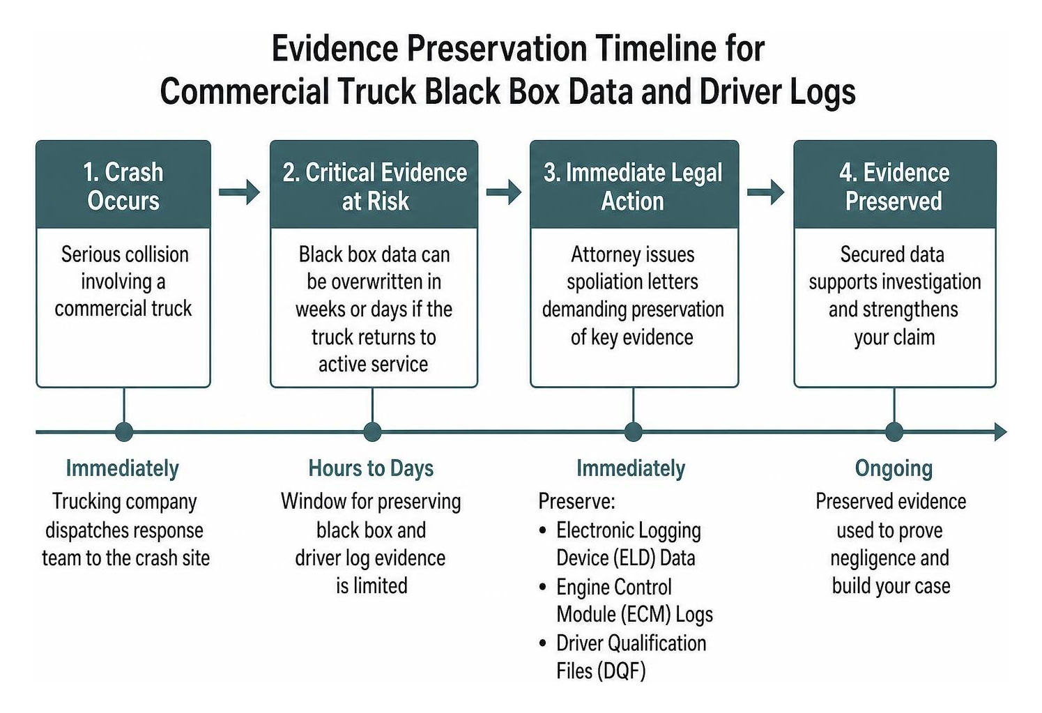 Evidence preservation timeline for commercial truck black box data and driver logs