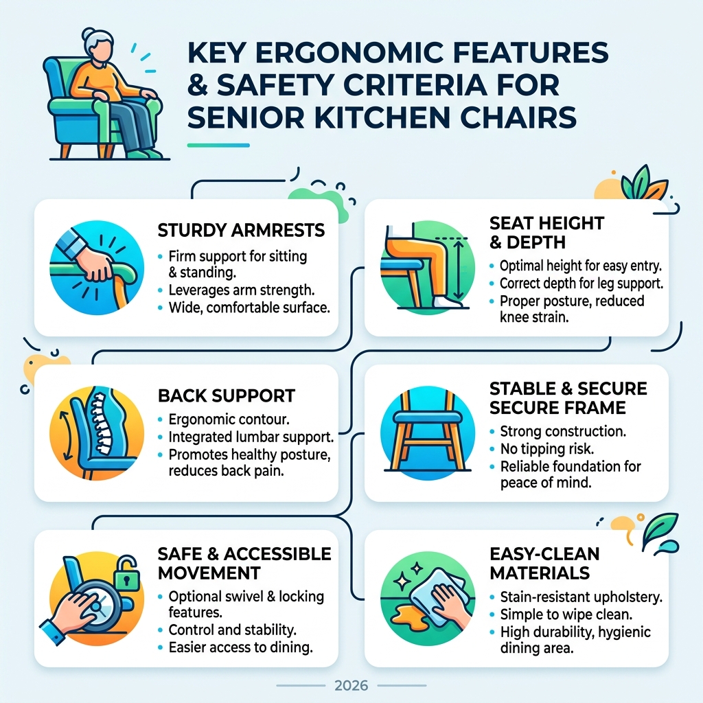 Infographic showing key ergonomic features and safety criteria for senior kitchen chairs - kitchen chair with arms for elderly Infographic showing key ergonomic features and safety criteria for senior kitchen chairs - kitchen chair with arms for elderly