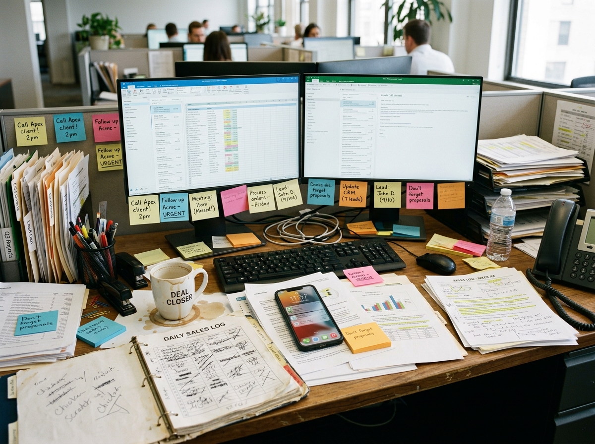 A cluttered desk with sticky notes and missed call logs representing sales fatigue - automated follow-up system