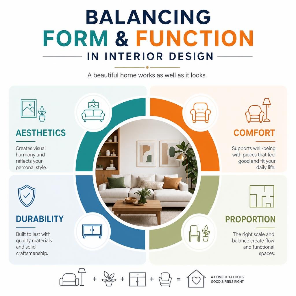 Infographic: Balancing Form and Function in Interior Design: Aesthetics, Comfort, Durability, Proportion infographic