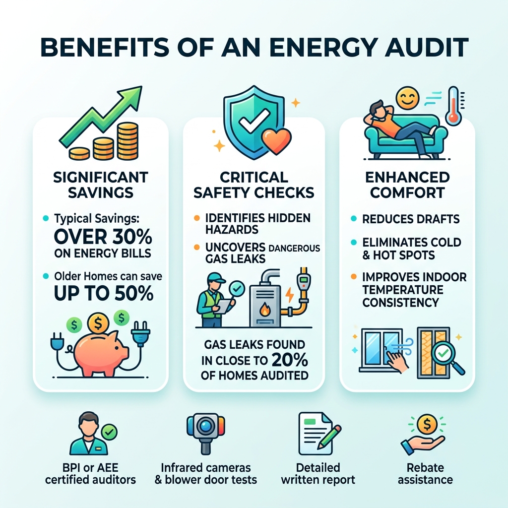 infographic showing benefits of energy audit including savings percentages, safety checks, and comfort improvements - energy infographic showing benefits of energy audit including savings percentages, safety checks, and comfort improvements - energy