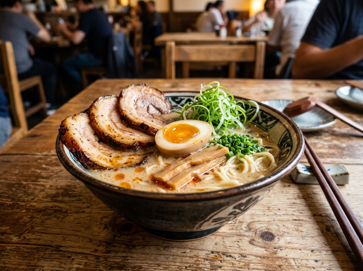 various ramen toppings like chashu, eggs, scallions, and bamboo shoots - ramen noodles