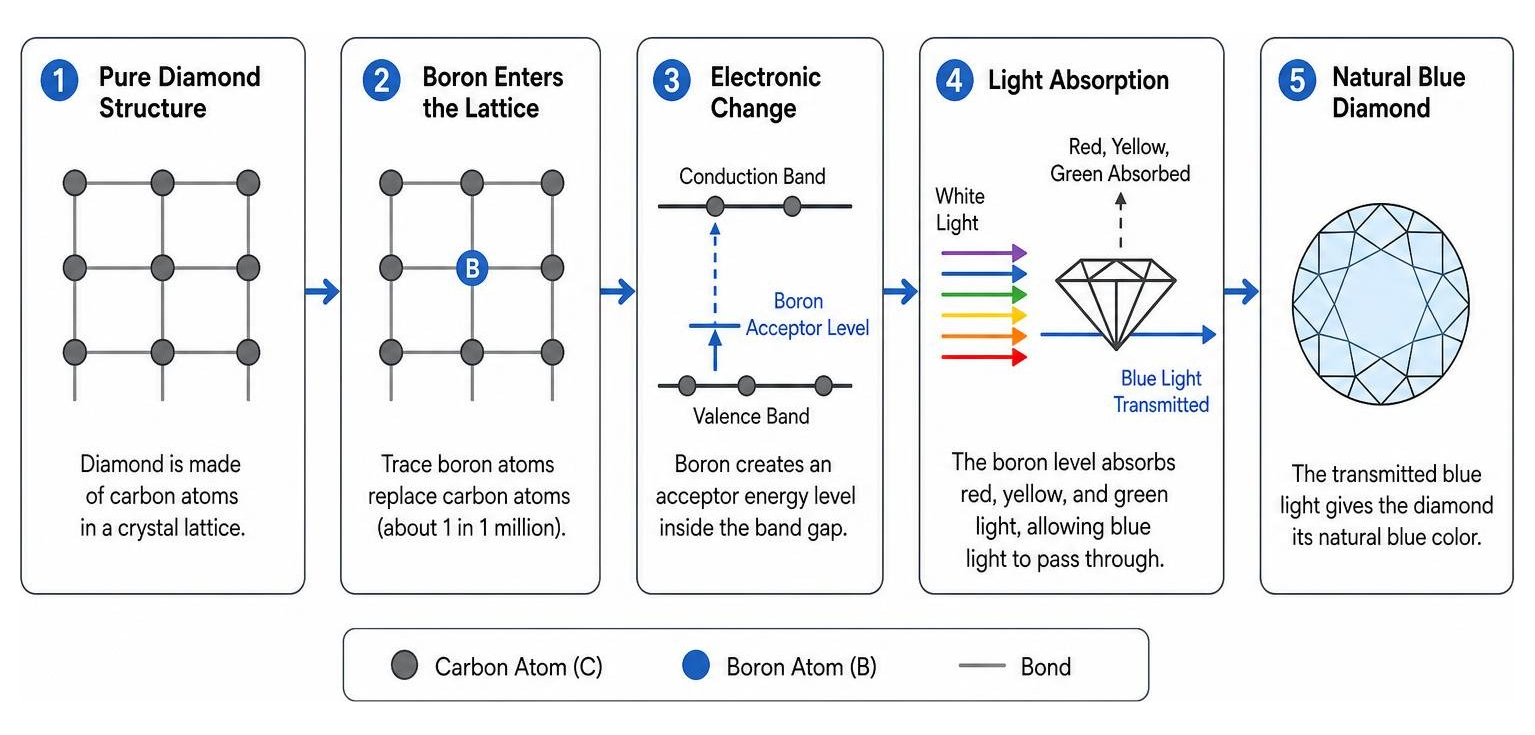 How trace amounts of boron alter diamond atomic structure to absorb light and create natural blue color How trace amounts of boron alter diamond atomic structure to absorb light and create natural blue color