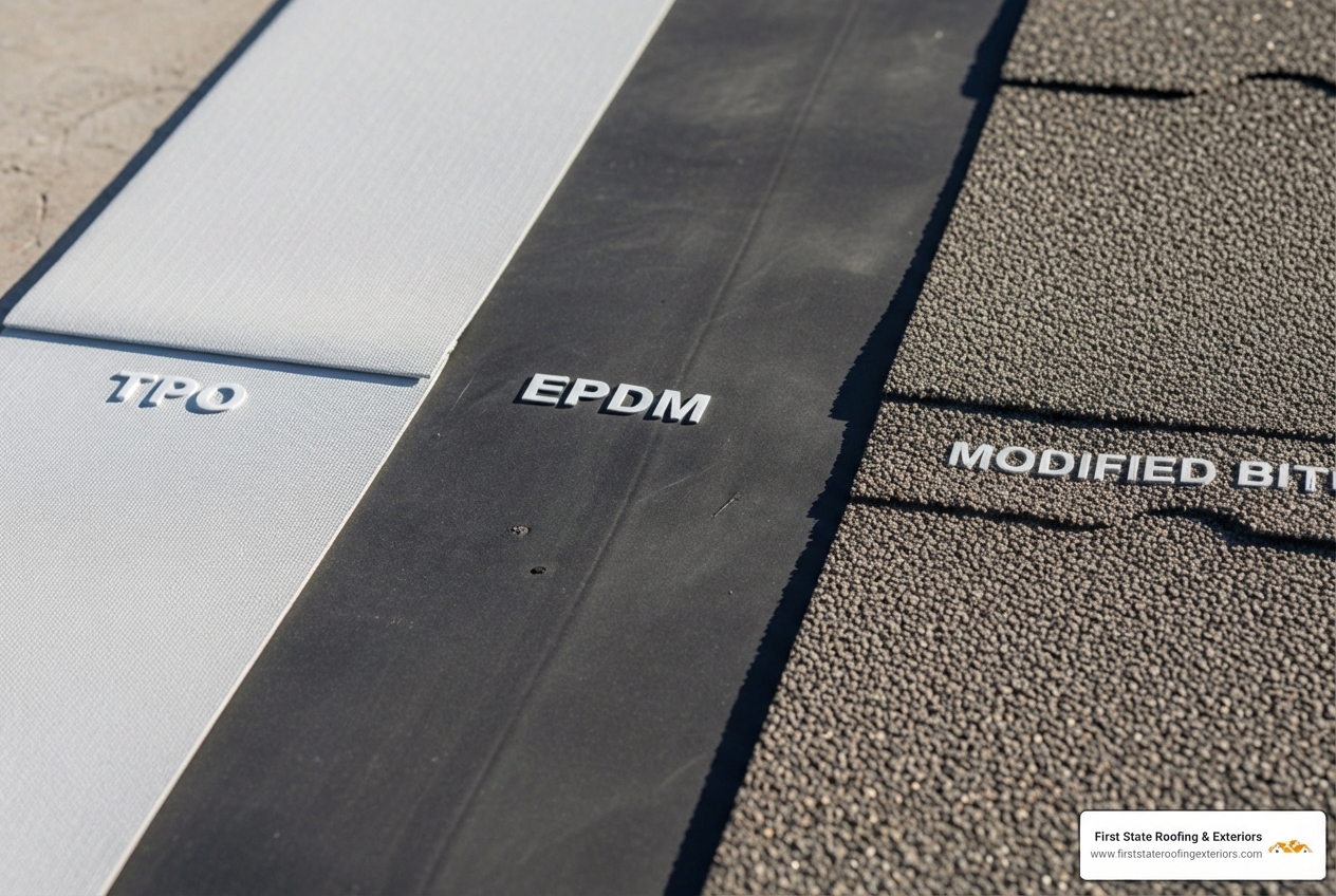 side-by-side samples of TPO, EPDM, and Modified Bitumen roofing materials - commercial flat roof replacement