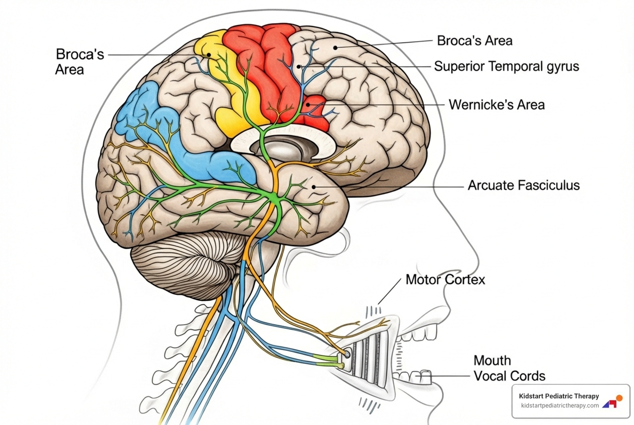 A diagram showing the brain's speech centers and the neural pathways to the mouth, highlighting the area responsible for motor planning - Apraxia speech therapy