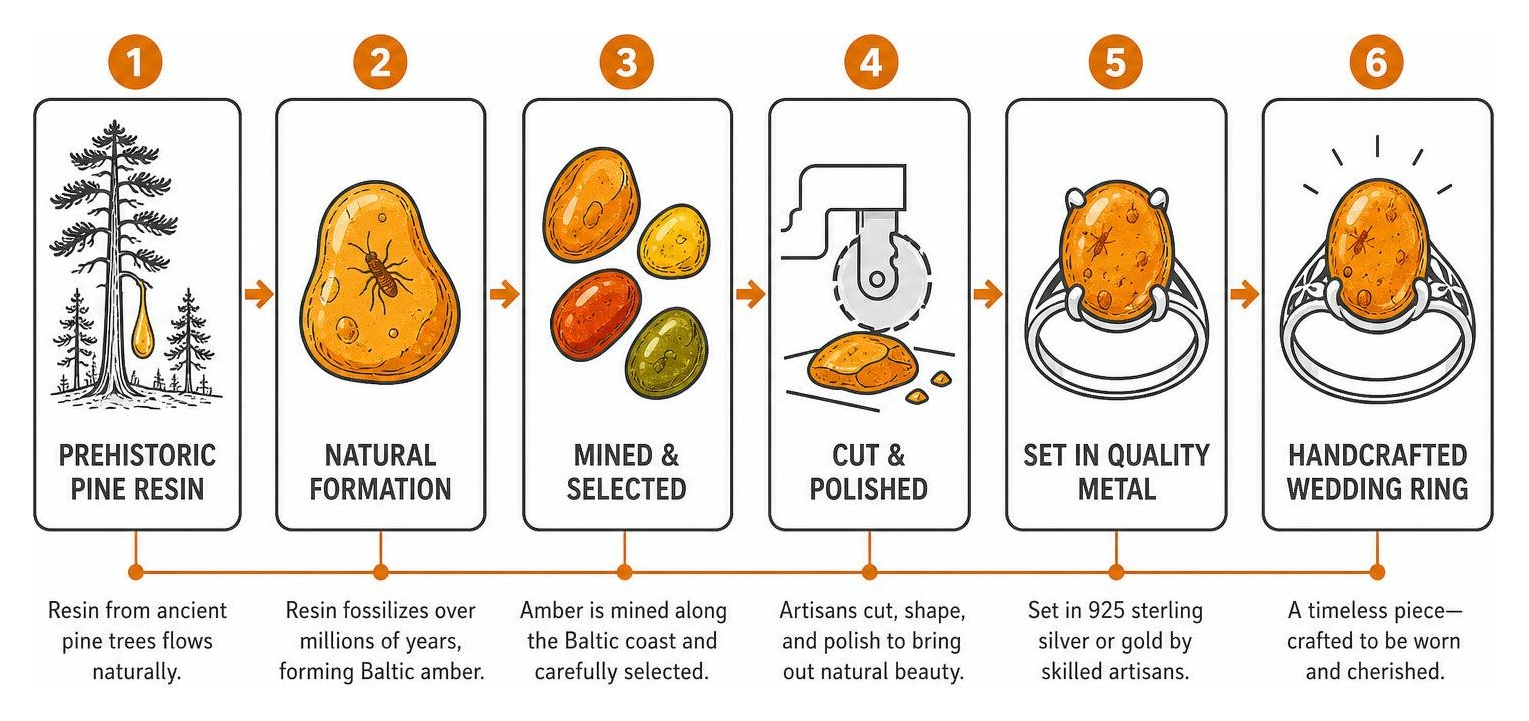 Diagram mapping the journey of Polish amber from prehistoric pine resin to handcrafted wedding ring