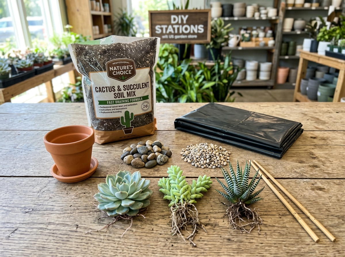 Essential planting tools and materials including cactus soil, river rocks, and small succulents - diy succulent arrangements Essential planting tools and materials including cactus soil, river rocks, and small succulents - diy succulent arrangements