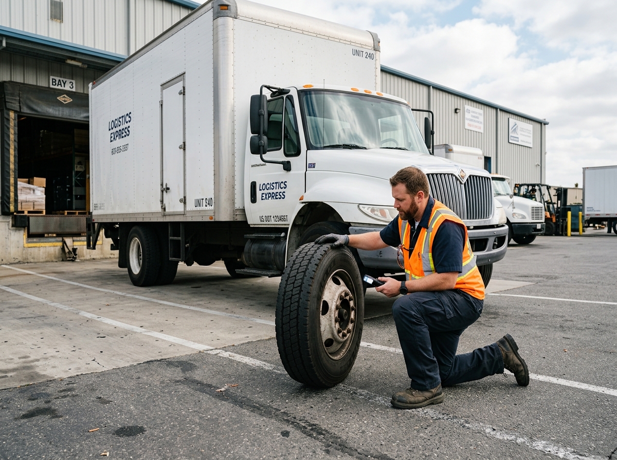 Box truck driver performing a pre-trip safety inspection - box truck insurance policy
