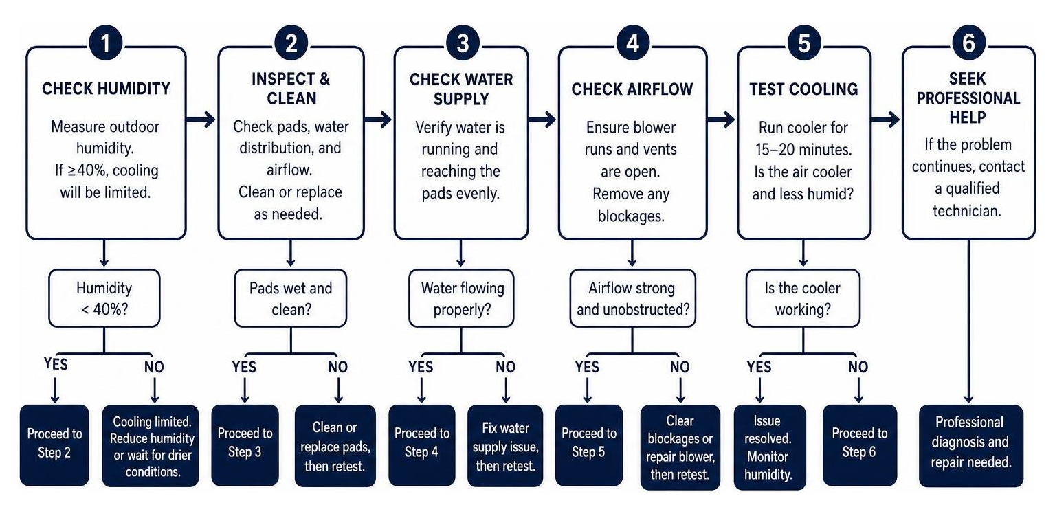 Diagram of the troubleshooting process for a swamp cooler during high humidity Diagram of the troubleshooting process for a swamp cooler during high humidity