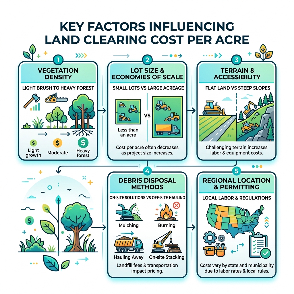 Infographic showing land clearing cost factors: vegetation density, lot size, terrain, debris disposal, and regional Infographic showing land clearing cost factors: vegetation density, lot size, terrain, debris disposal, and regional