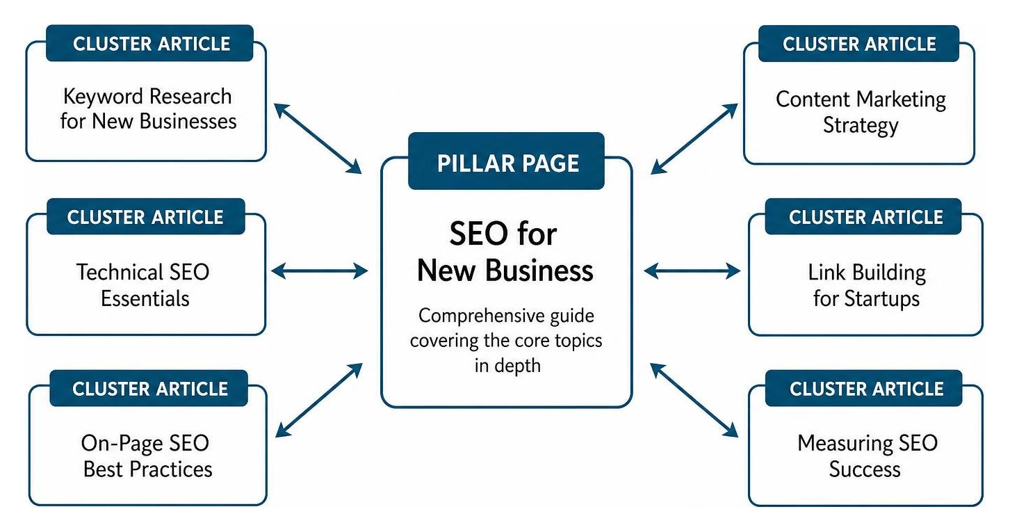 SEO content cluster strategy diagram illustrating pillar page and supporting cluster articles for new businesses.