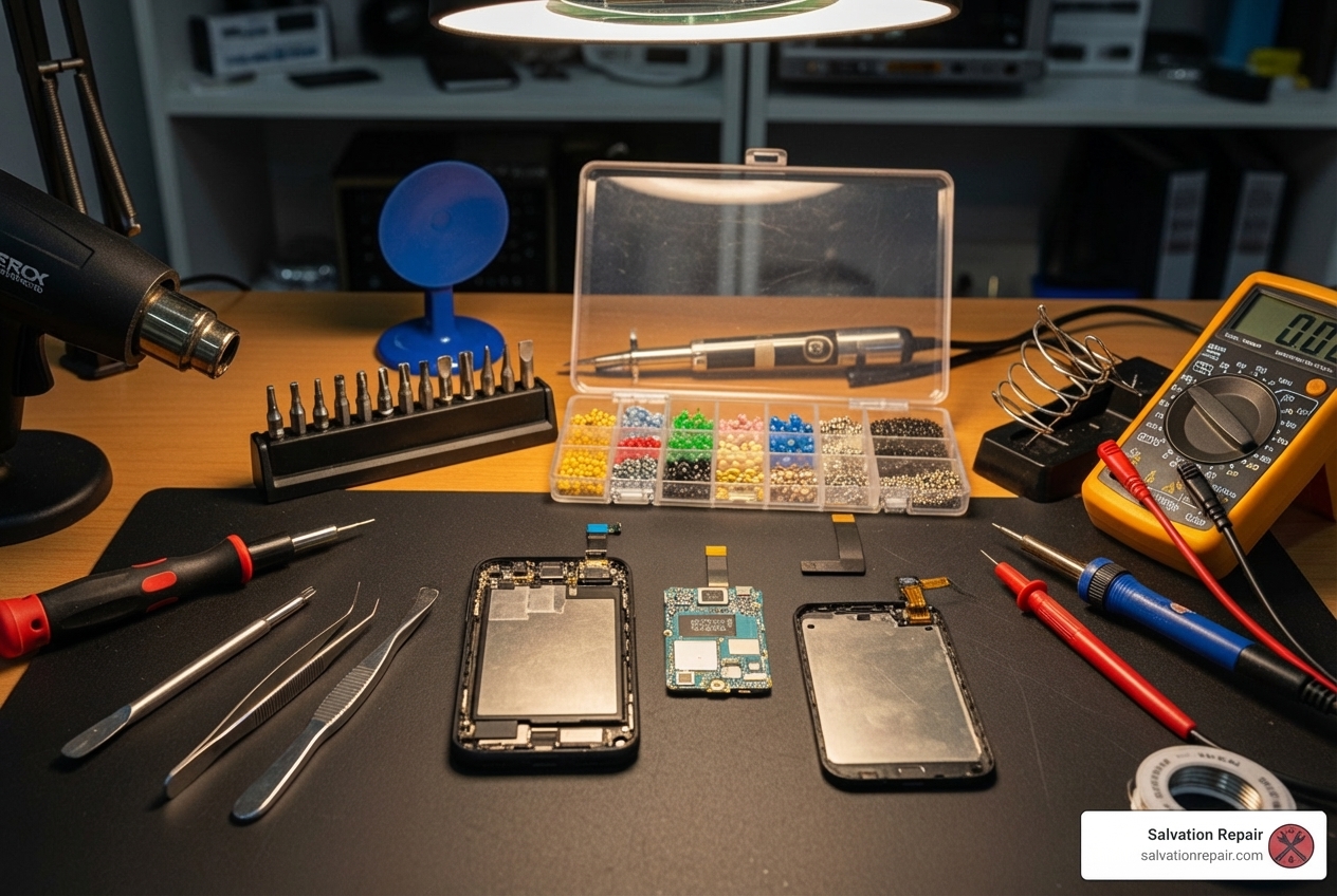 of a technician's workbench with tools and a disassembled smartphone. - Google Pixel repair Hattiesburg of a technician's workbench with tools and a disassembled smartphone. - Google Pixel repair Hattiesburg