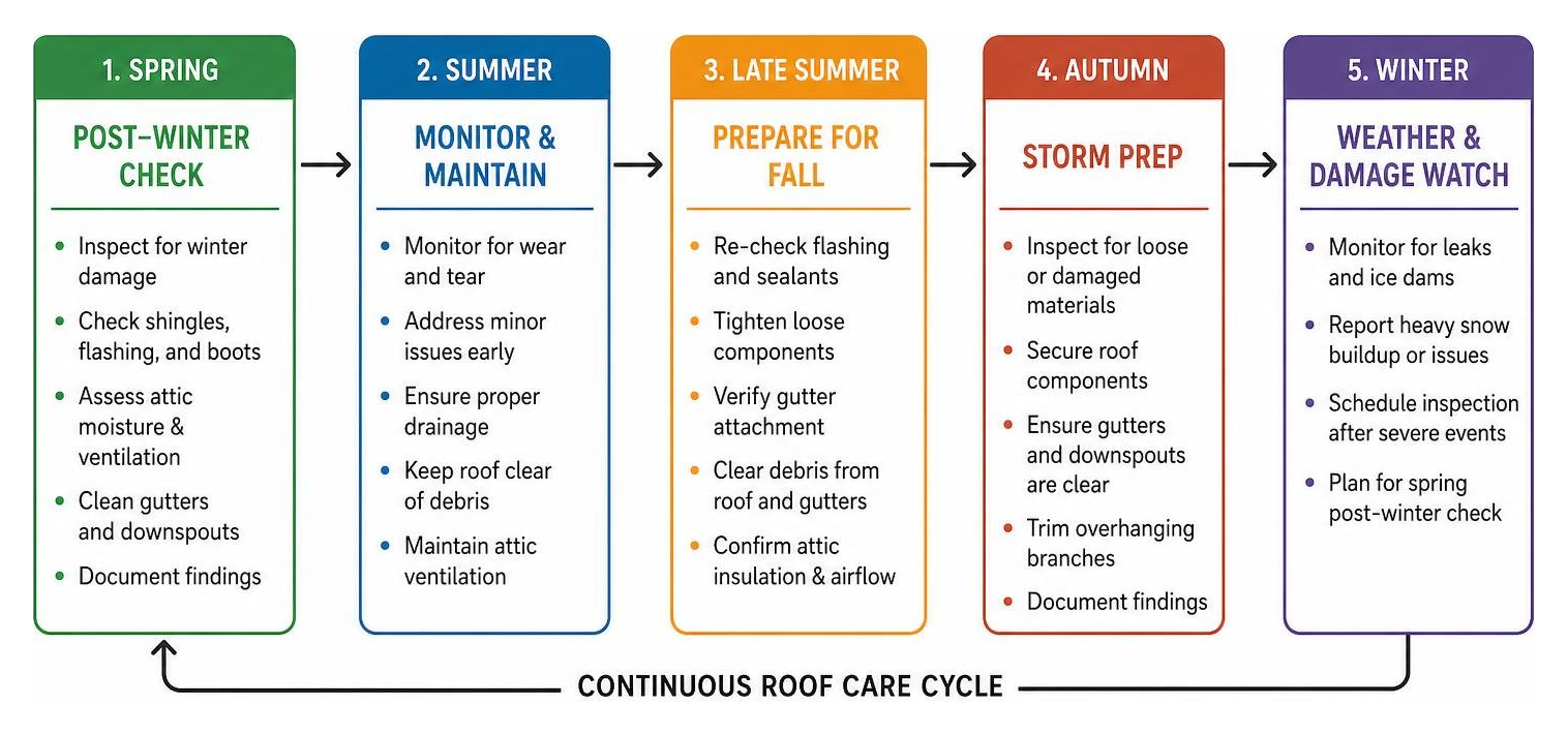 Diagram of seasonal roof inspection workflow from post-winter checks to autumn storm prep Diagram of seasonal roof inspection workflow from post-winter checks to autumn storm prep